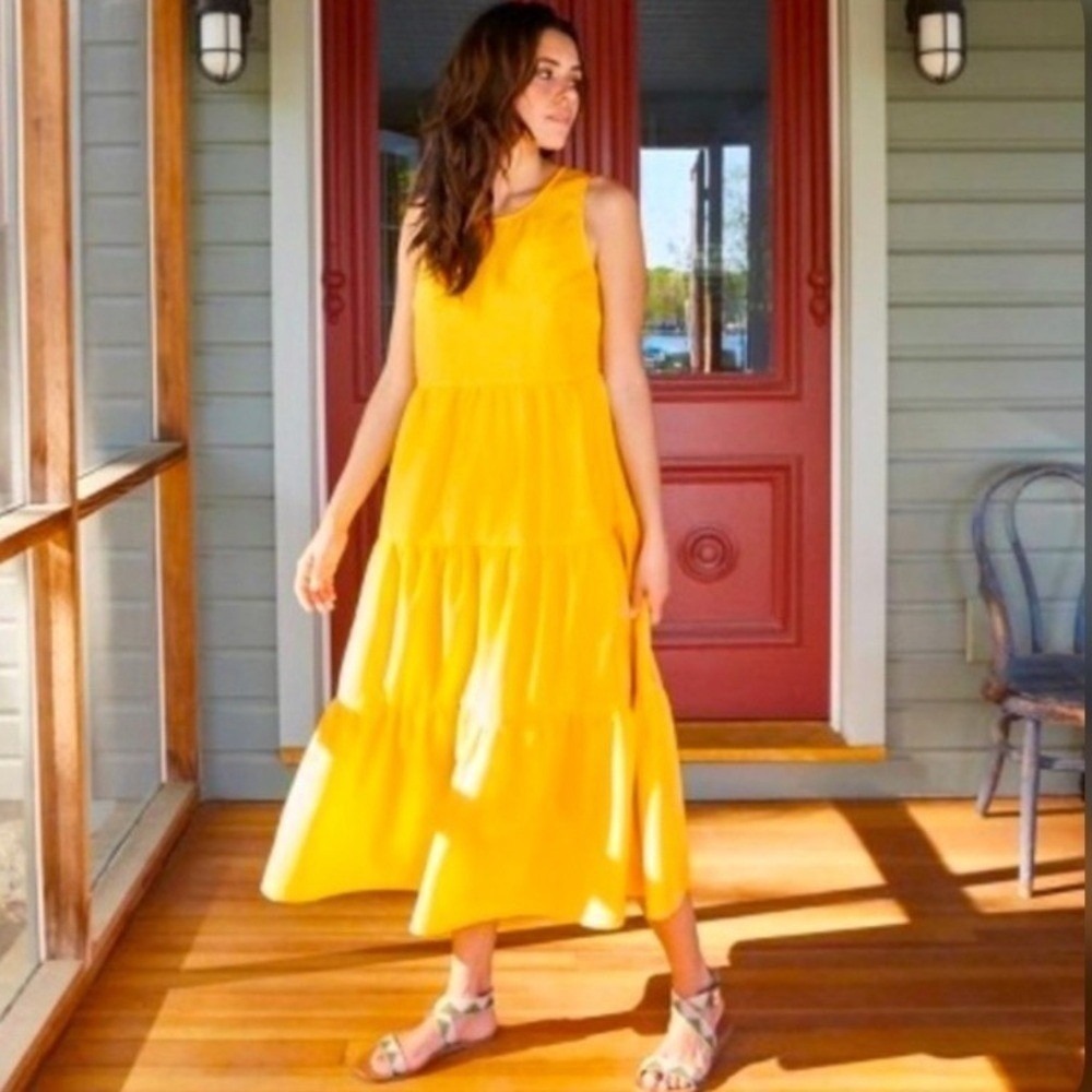 Yellow Tiered Maxi Dress Sleeveless Seersucker Textured Boho Cottagecore